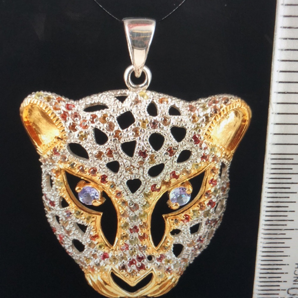 Sapphire and Tanzanite Openwork Sterling Leopard Pendant.